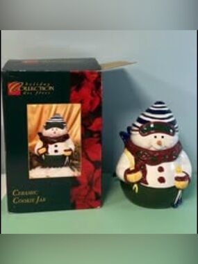 Vintage Holiday Collection Ceramic Cookie Jar Skiing Snowman, Snowman Cookie Jar